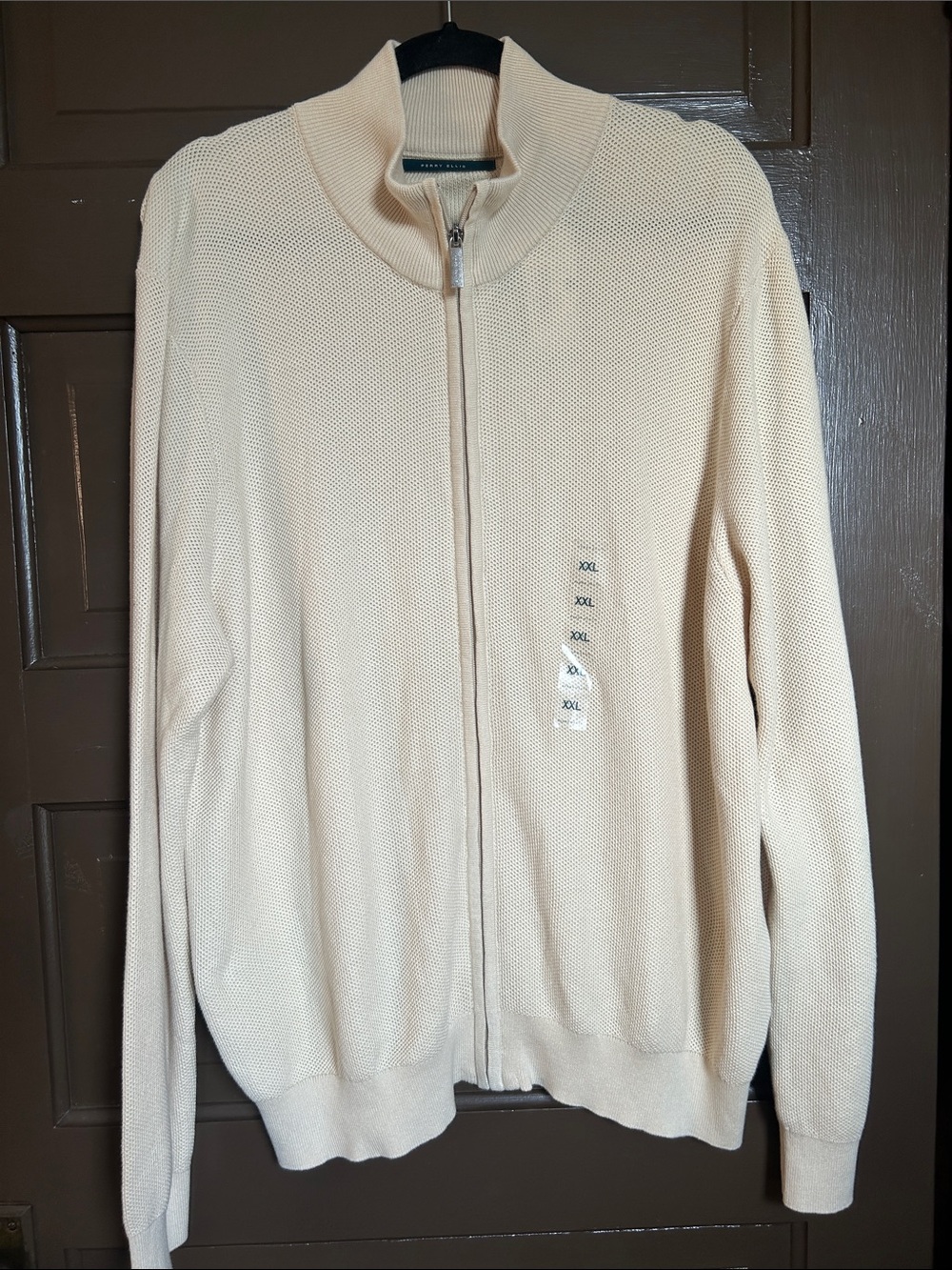 Perry Ellis Men's Beige Full-Zip Knit Sweater; 100% cotton; XXL